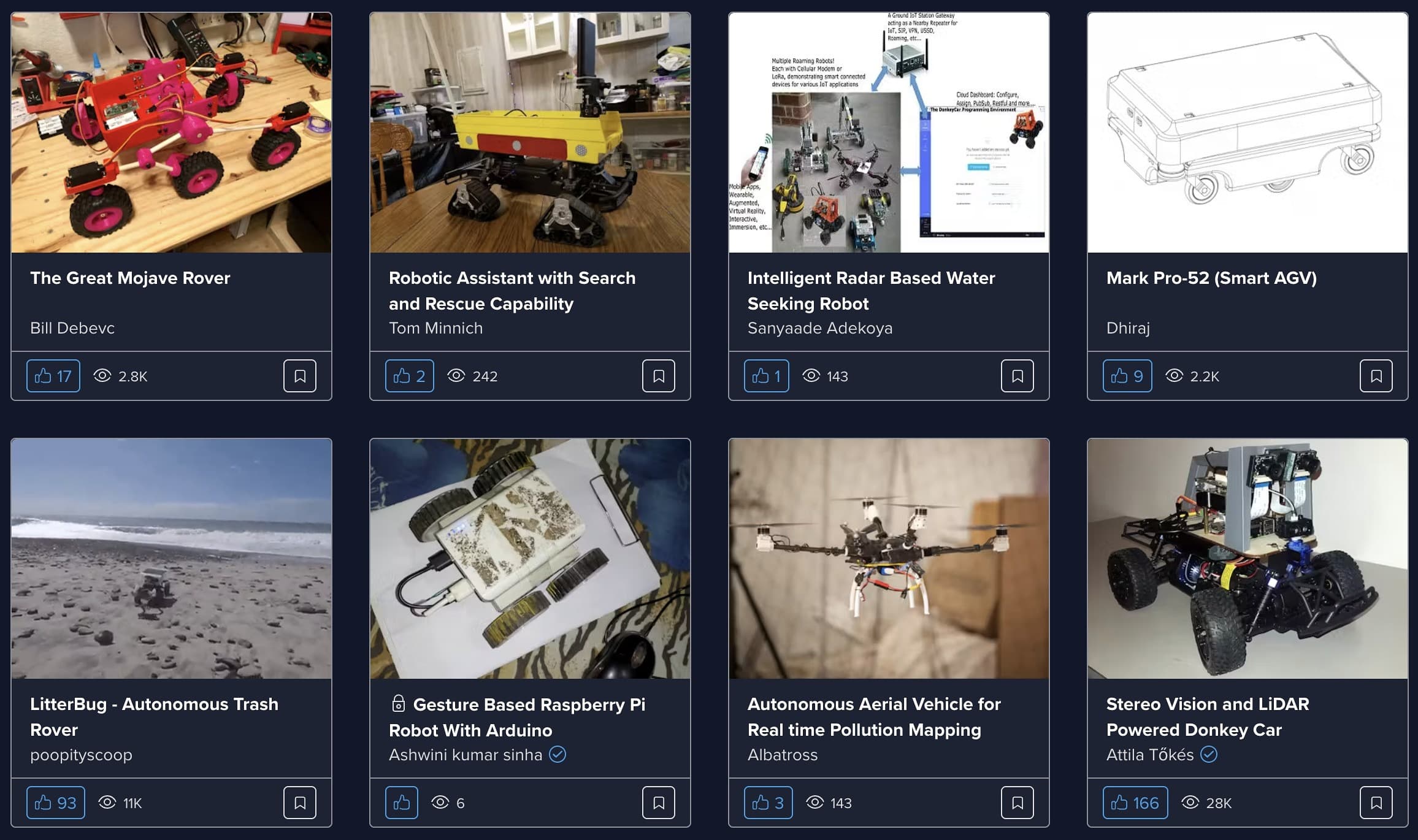 Eight submitted projects on Hackster.io, including The Great Mojave Rover, a search-and-rescue robotic assistant, a radar-based water-seeking robot, a smart AGV, LitterBug the autonomous trash rover, a pollution-mapping aerial vehicle and a stereo-vision donkey car