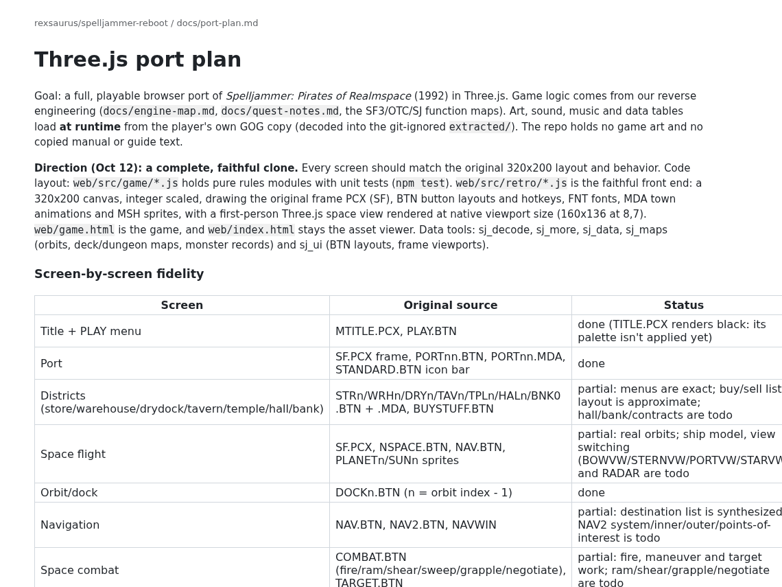 Screenshot of docs/port-plan.md rendered, with the screen-by-screen fidelity table