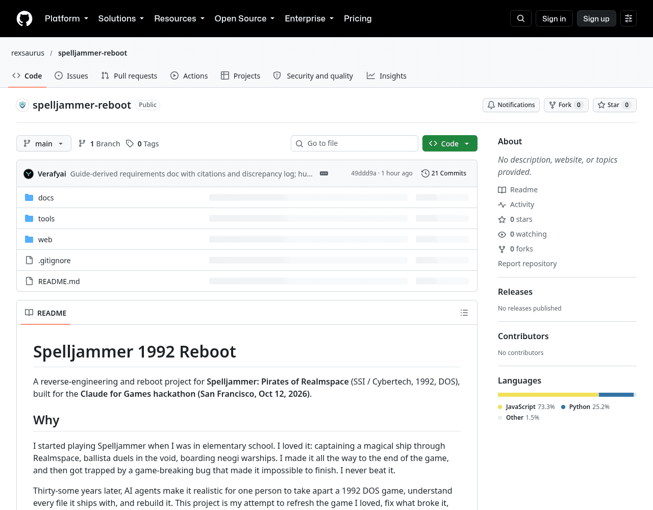Screenshot of the public rexsaurus/spelljammer-reboot GitHub page