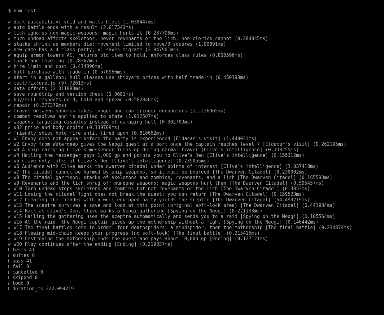 Terminal screenshot of npm test: 41 tests passing, including walkthrough steps W1 to W20