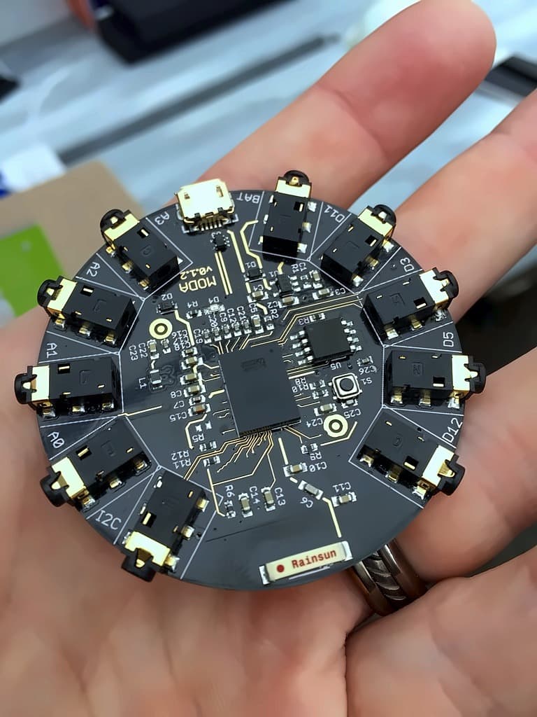 A MODA v0.1.2 hub board held in one hand, a black disc ringed with twelve gold-contact connectors labelled A0 to A3, D0 to D12 and I2C
