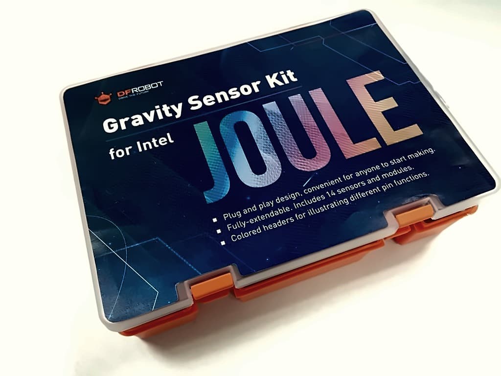 The DFRobot Gravity Sensor Kit for Intel Joule in its orange case, labelled plug and play with 14 sensors and modules