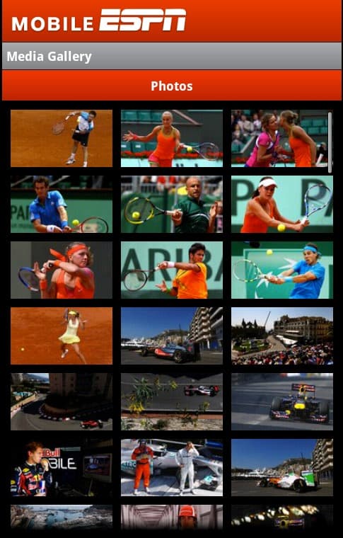 The Mobile ESPN photo gallery, a grid of sports photography on a black background under a red header