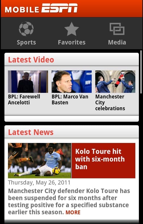 The app home screen with tabs for Sports, Favorites and Media above latest video and latest news sections