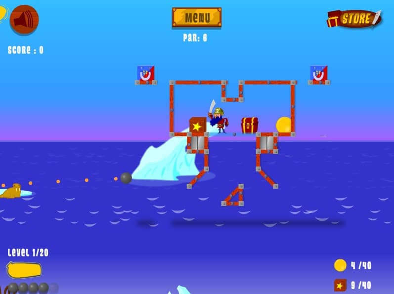 A Get The Treasure level in play — a pirate on a wooden structure above the sea with an iceberg, a par counter, a score and a coin tally