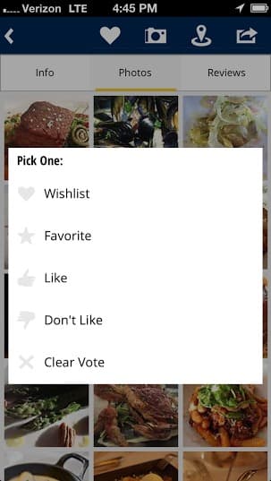 A restaurant screen with wishlist, favorite, like, don't like and clear vote actions listed below the photography