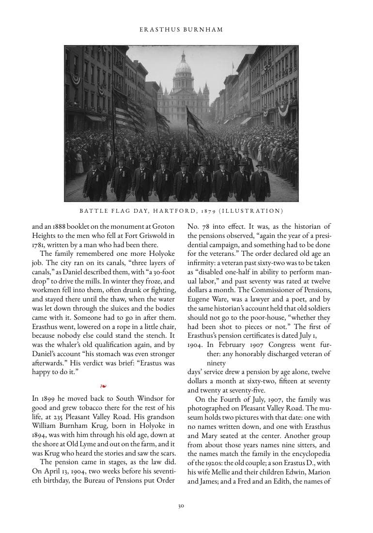 An interior page set in two justified columns with a period photograph of Battle Flag Day in Hartford, 1879, a small-caps caption, and body text citing pension records and dates