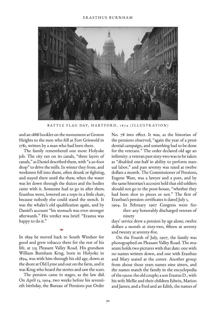 An interior page of the family history, set in two columns, with a period photograph and body text citing pension records, dates, and catalogue numbers