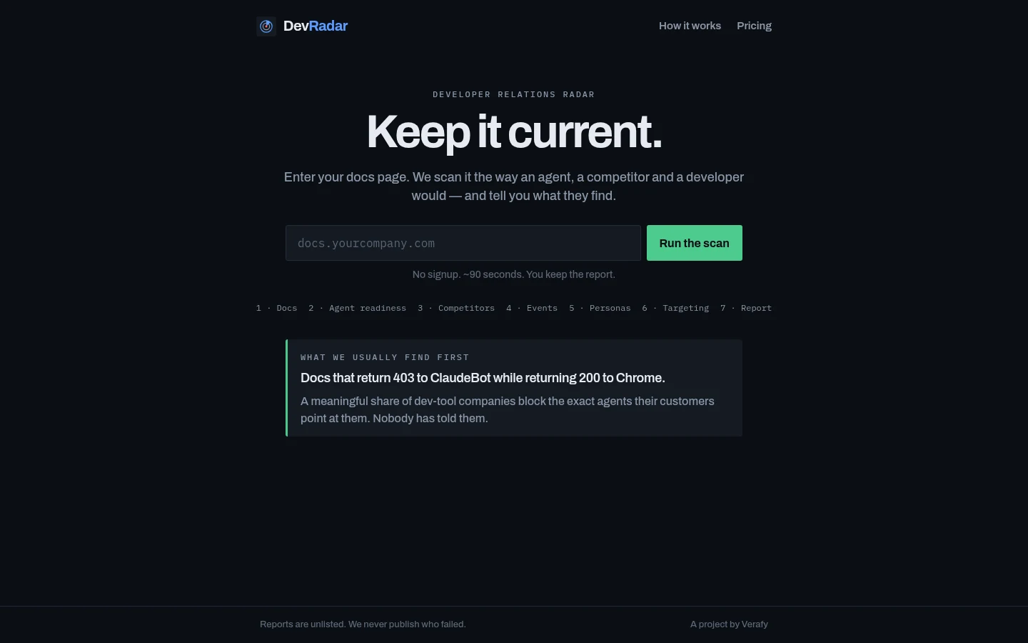 The DevRadar homepage, with the headline Keep it current above a docs URL field and a Run the scan button