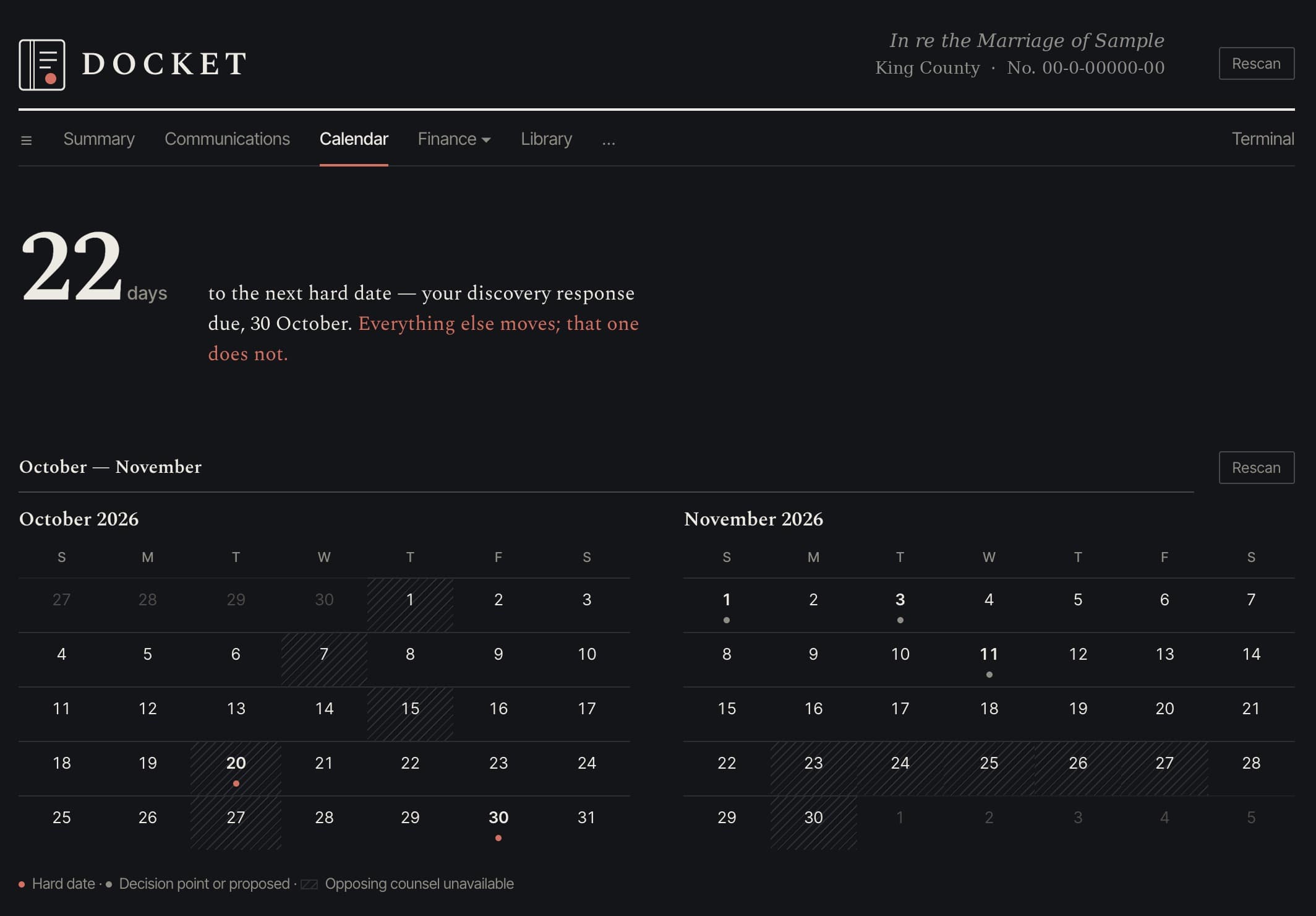 The calendar view across two months, marking hard dates, decision points, and days opposing counsel is unavailable