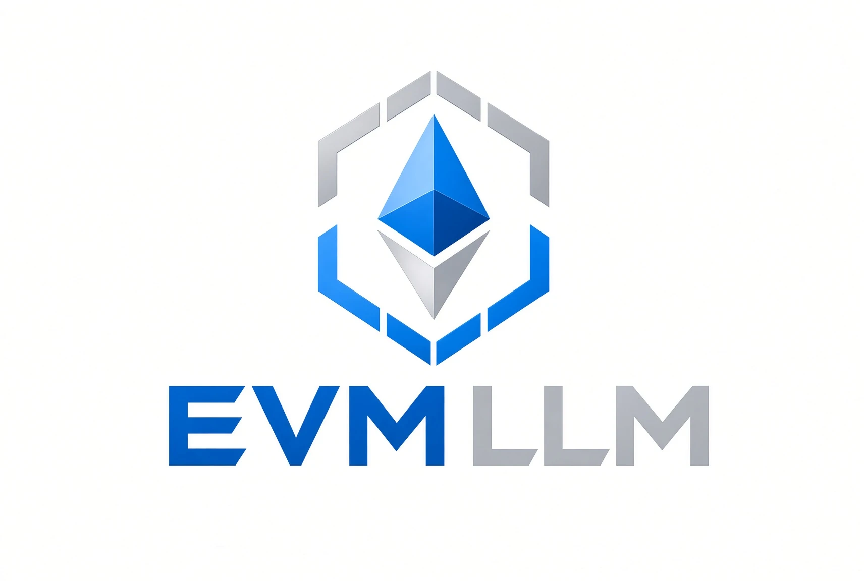 The EVMLLM logo, an Ethereum diamond inside a broken blue and gray hexagon above the word EVMLLM