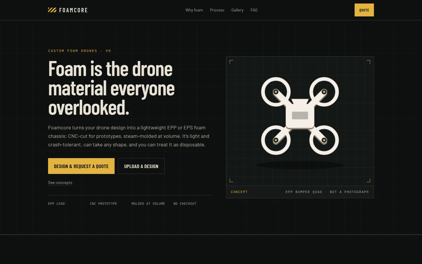 Foamcore homepage, with the headline beside a concept drawing of a foam quadcopter
