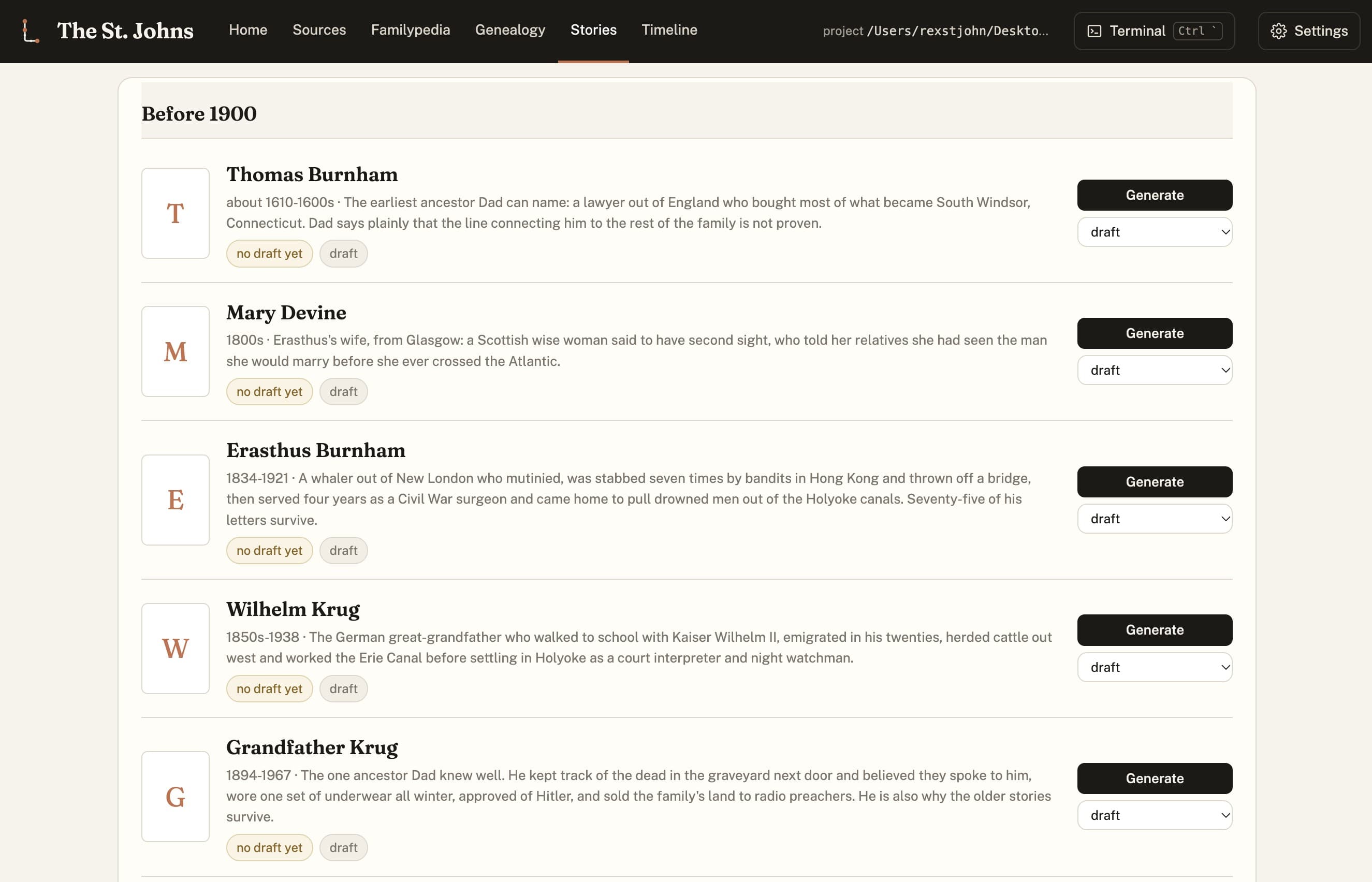 The Stories view, a chronological list of ancestors before 1900, each with a one-paragraph precis assembled from the interviews and a Generate button to draft the full chapter