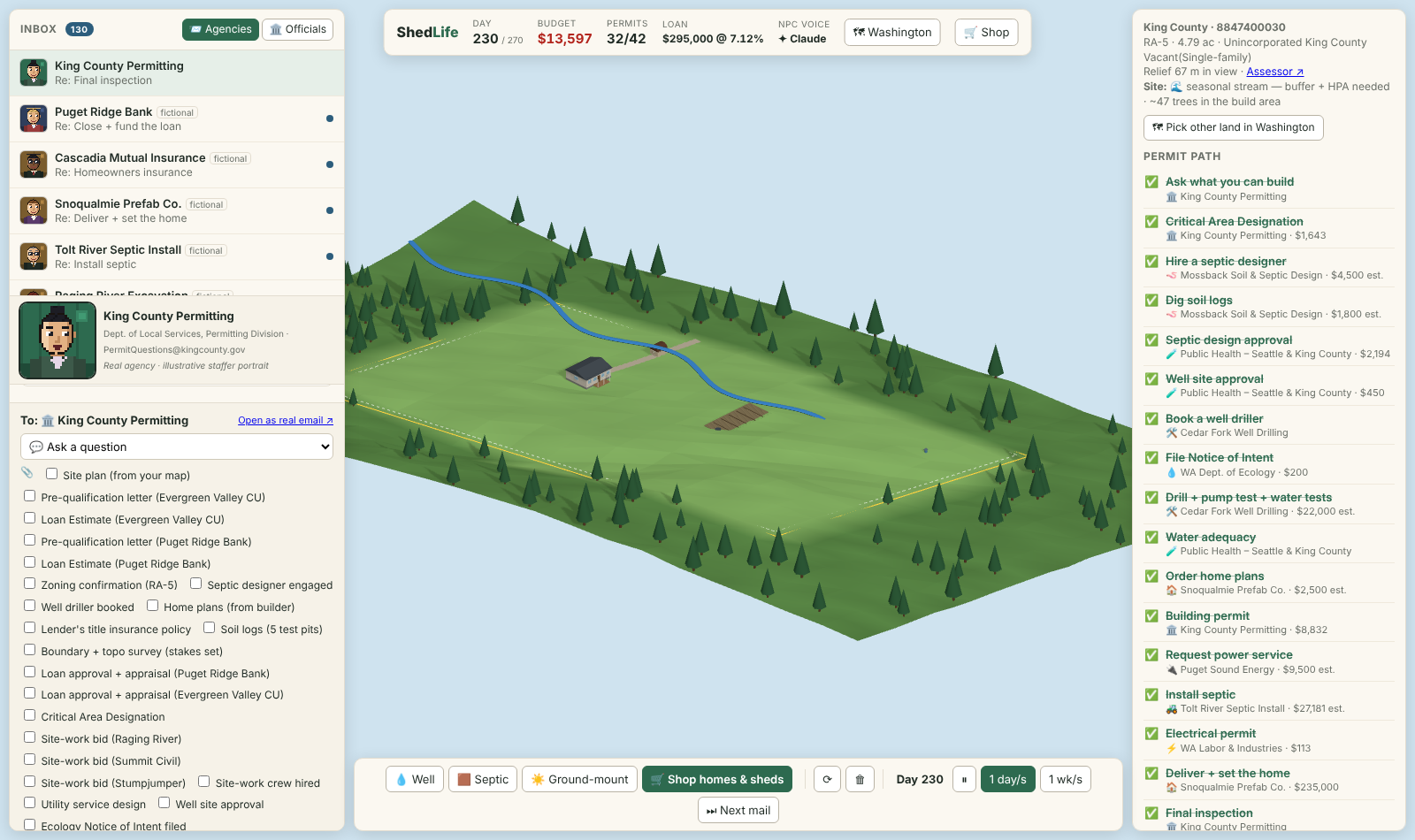 ShedLife gameplay on a real King County RA-5 parcel, with the inbox, request composer, permit path and budget HUD