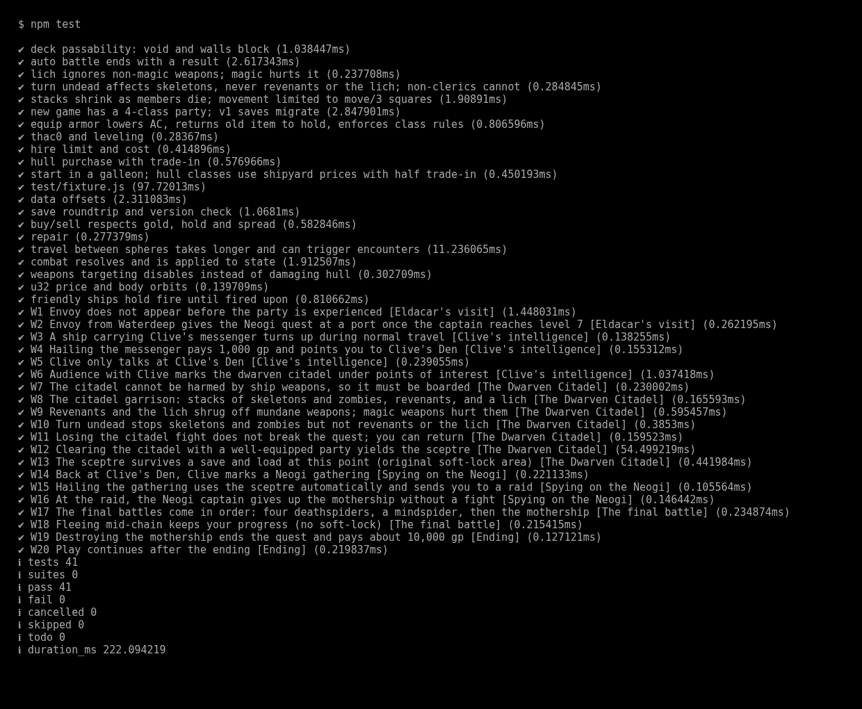 A real npm test run on a fresh clone: 41 of 41 tests pass, including walkthrough steps W1 to W20